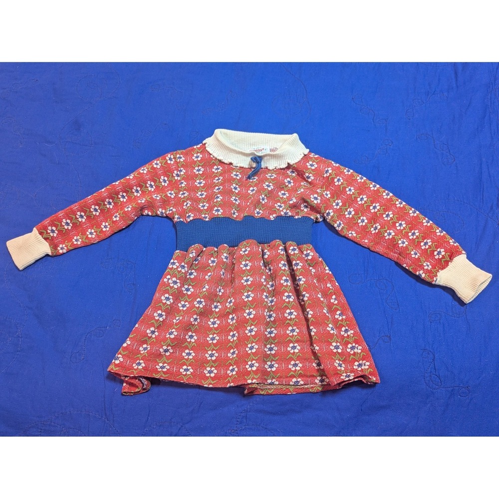 Vintage Healthtex Sweater Dress Girls 4T Red Floral Knit Mock Neck USA 70s